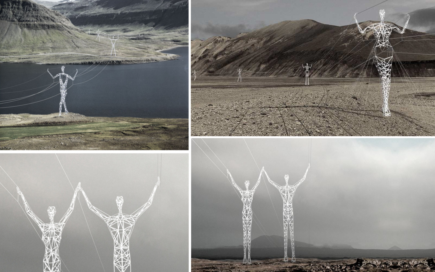 Concept pylônes électriques à forme humaine en ISLANDE